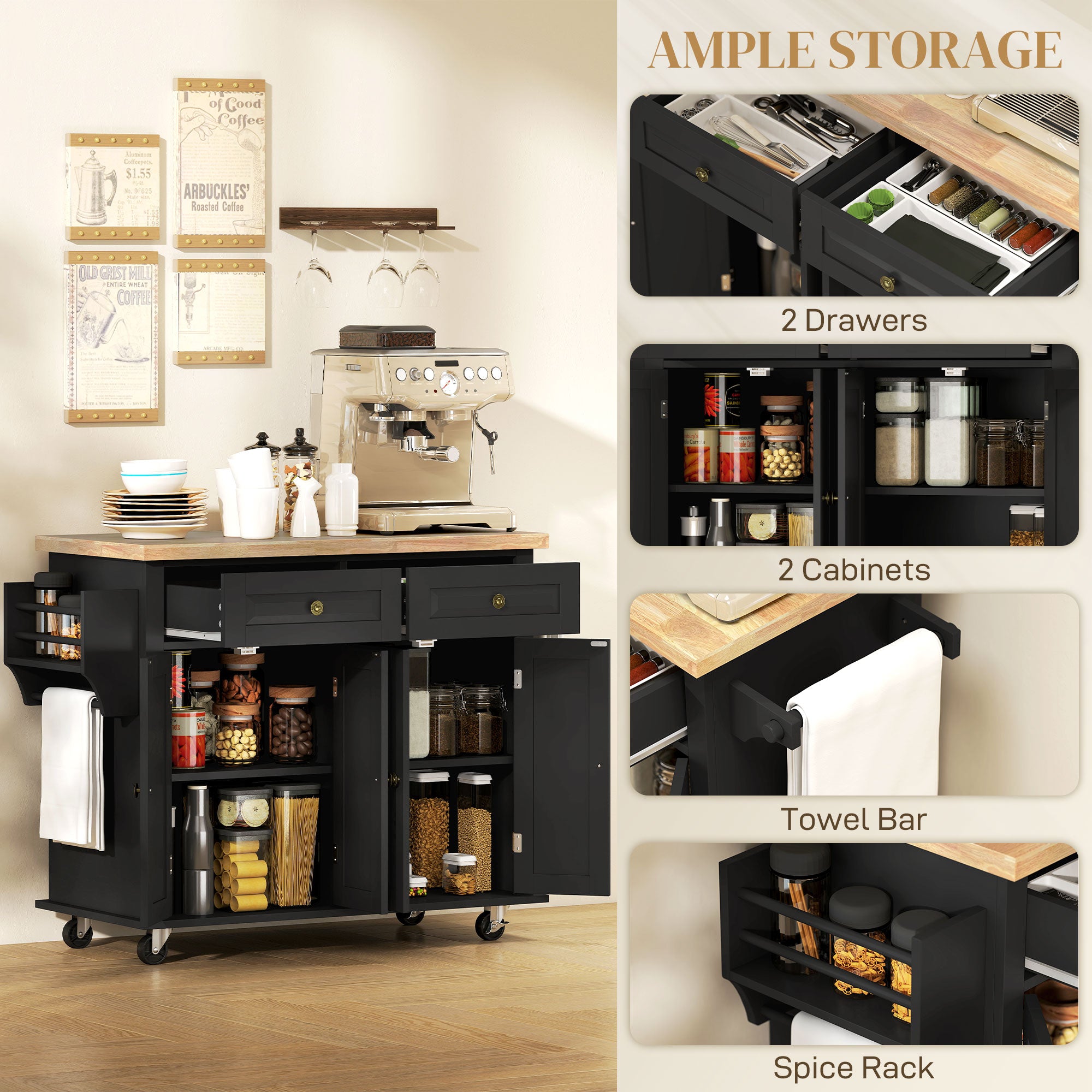 HOMCOM Rolling Kitchen Island Storage Trolley with Rubber Wood Top & Drawers for Dining Room, Black